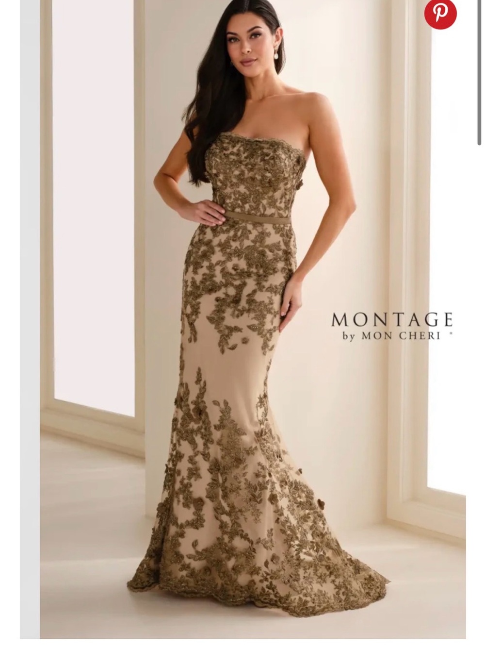 Montage by Mon Cheri Gold Embroidered bronze/nude Cream Strapless Gown